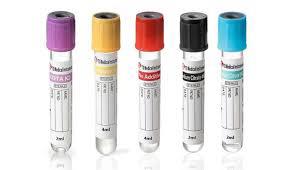 Blood collection tubes in red, lavender, light blue, green and grey colour codes