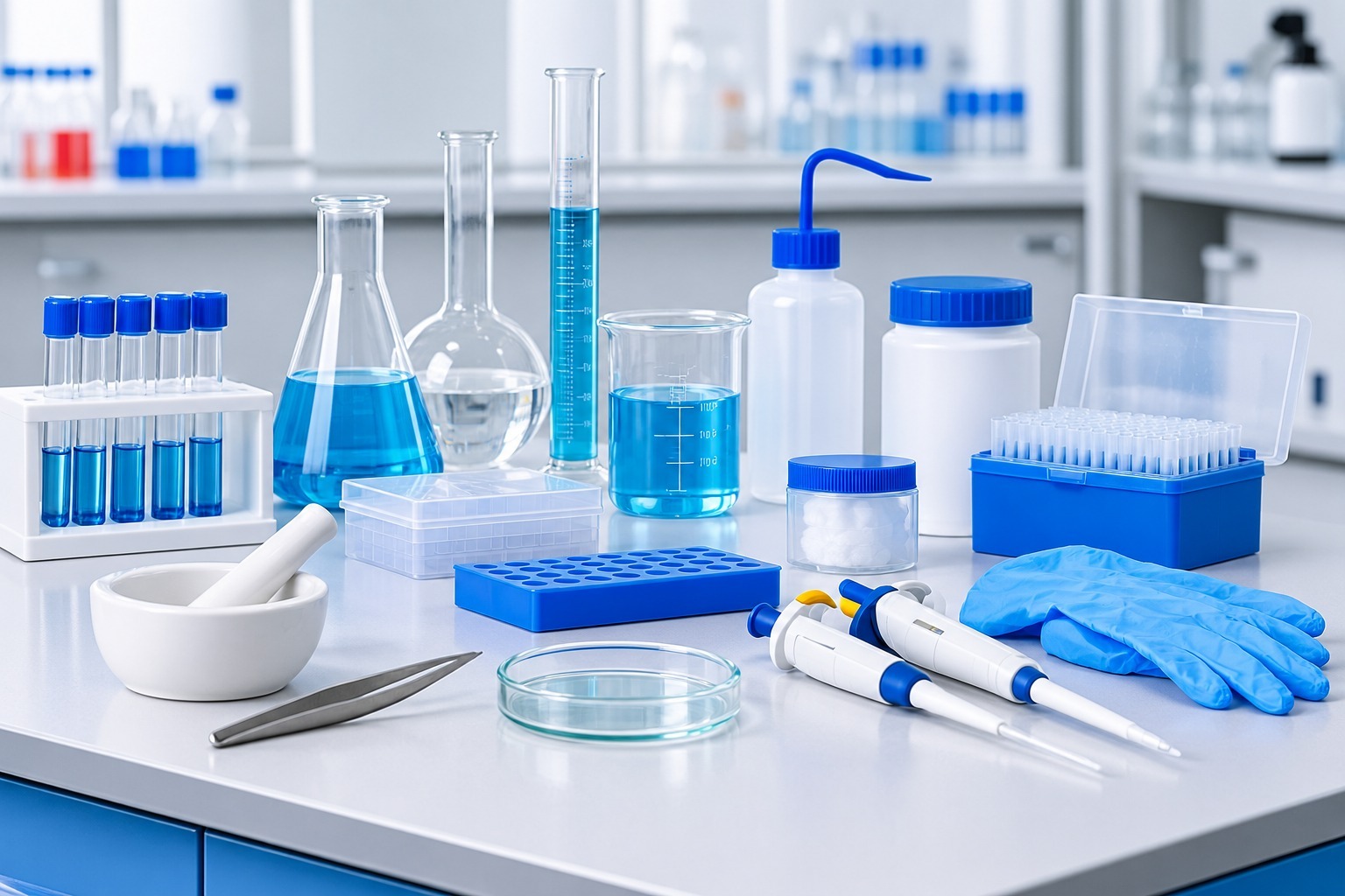 Organised laboratory bench with glassware, hand tools and safety gear