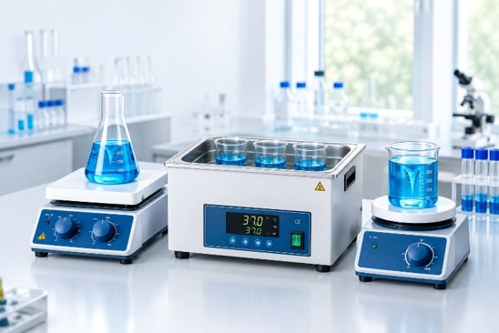 Laboratory hot plate, water bath and magnetic stirrer on a lab bench